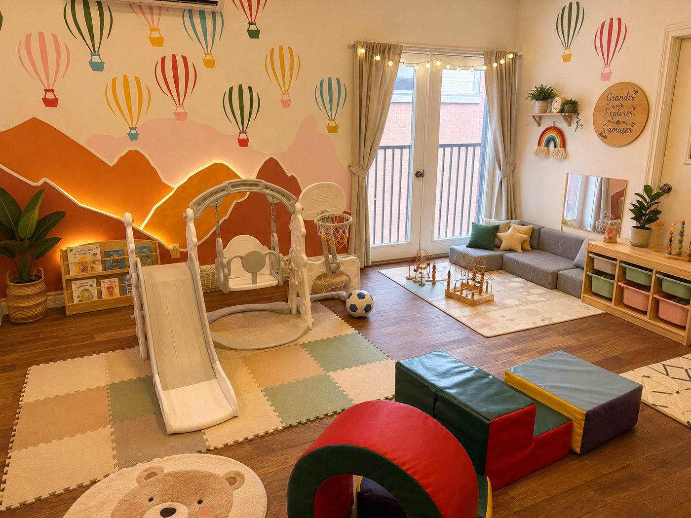 Salle de jeu avec fresque de montgolfières, glissade et coin lecture
